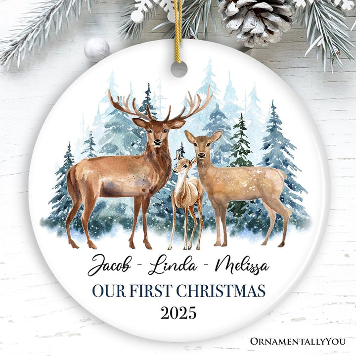 Watercolor Family Deer Christmas Personalized Ornament Ceramic Ornament OrnamentallyYou Circle 
