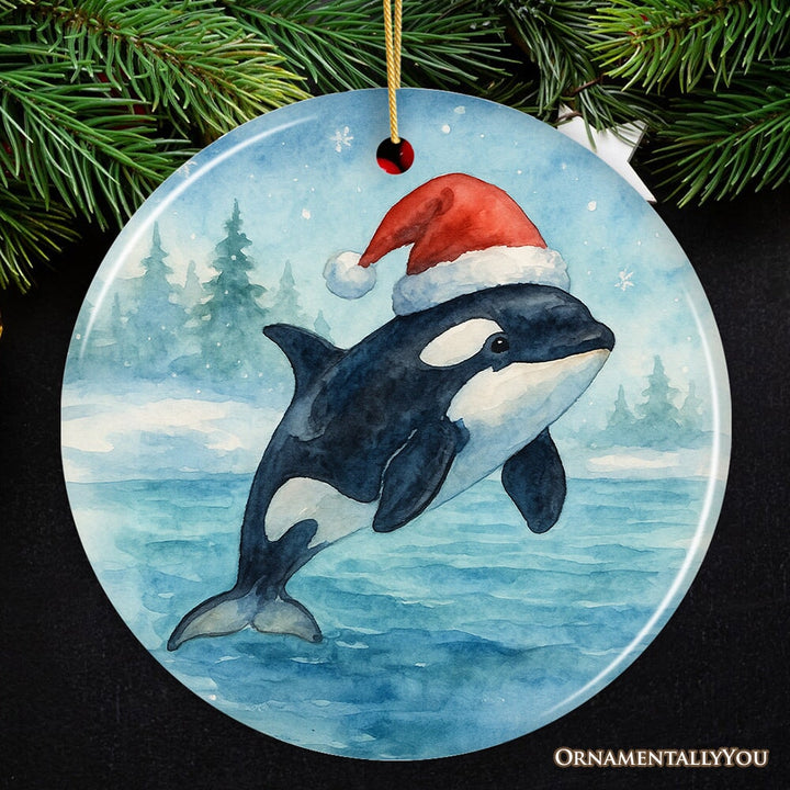 Watercolor Orca in Santa Hat Christmas Ornament, Marine Animal Holiday Keepsake and Gift Ceramic Ornament OrnamentallyYou 