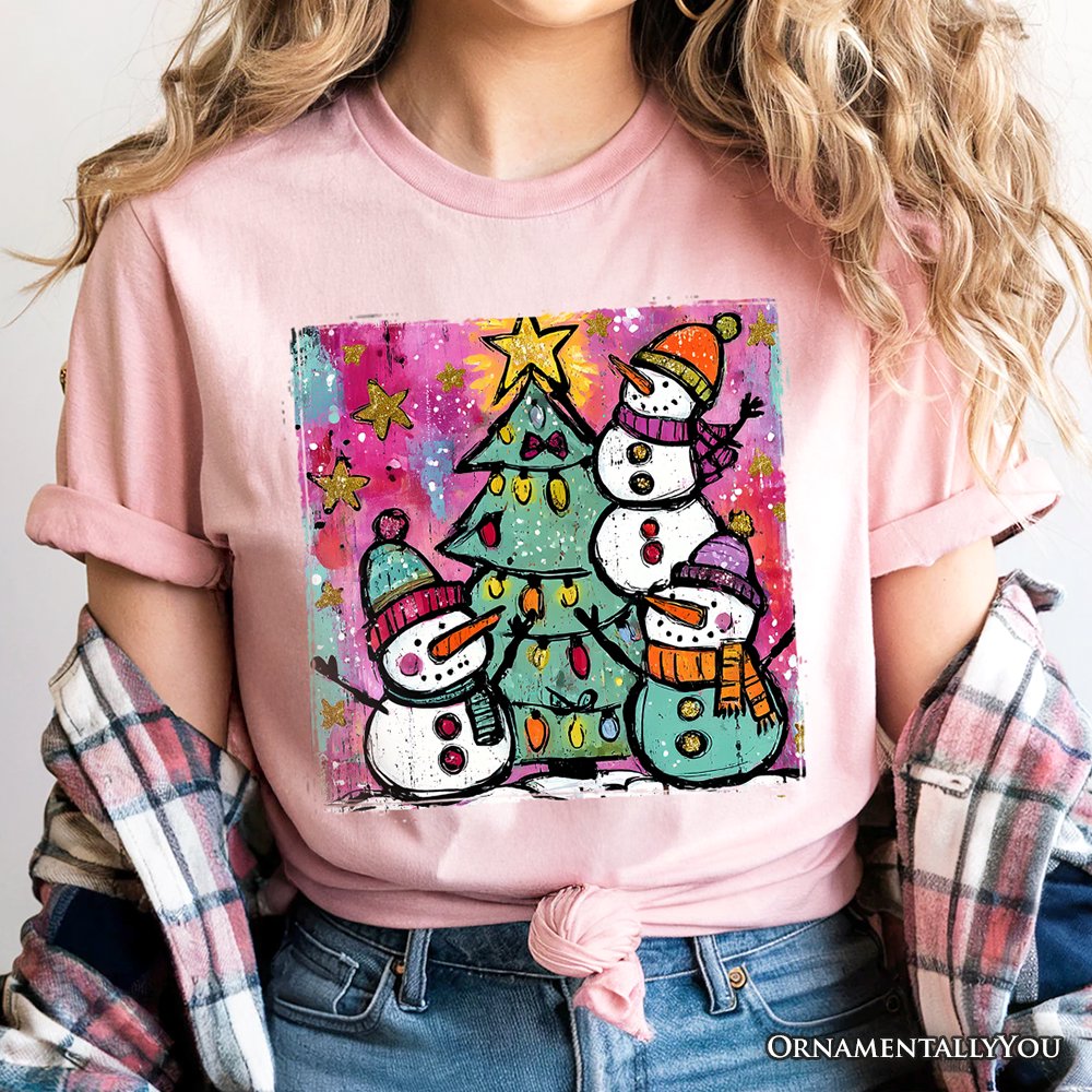 Watercolor Snowmen Christmas Tree T-Shirt, Vintage Holiday Retro Tee T-Shirts OrnamentallyYou 