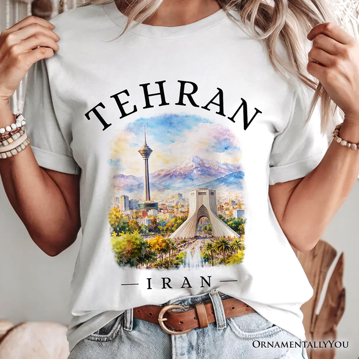 Watercolor Tehran Cityscape T-Shirt, Iran Landmarks Azadi and Milad Tower Tee