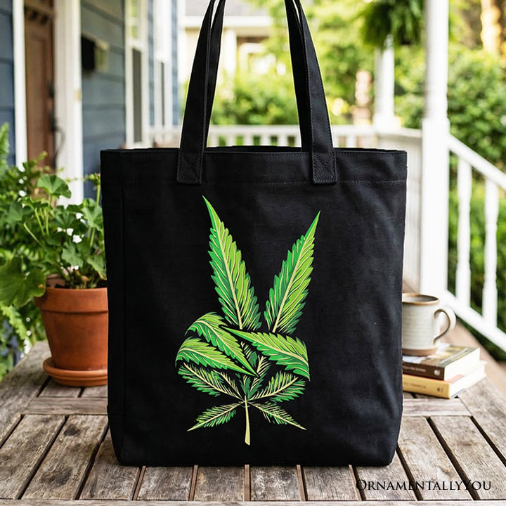 Weed Leaf Peace Sign Tote Bag, Funny 420 Stoner Gift Shopper Tote Bag OrnamentallyYou Black 
