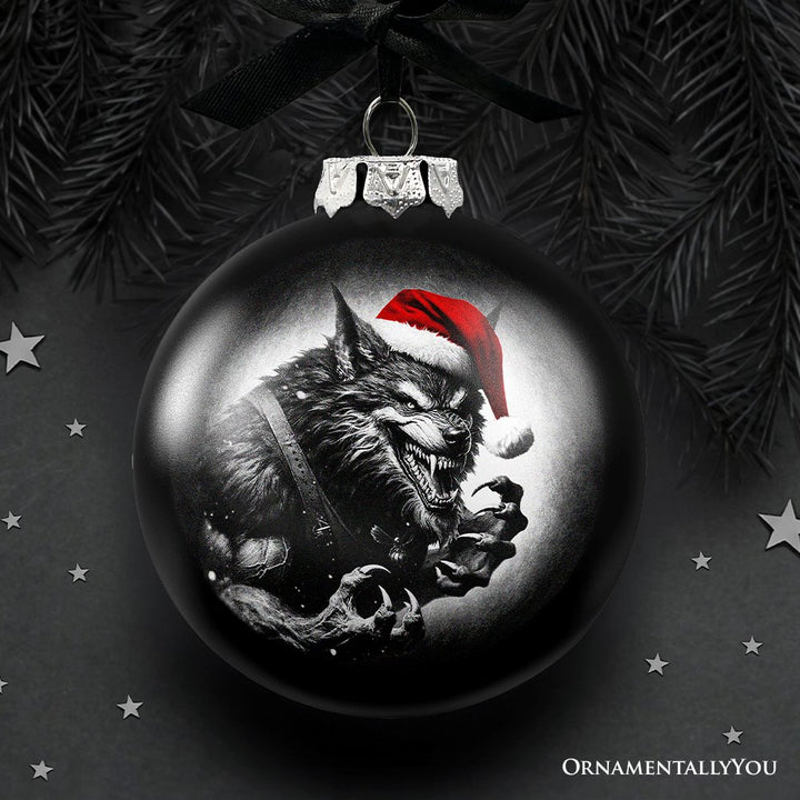 (Pre-Order) Werewolf Christmas Spooky Portrait Glass Ornament, Black Horror Halloween Tree Decoration Round Glass Ball Ornament OrnamentallyYou 