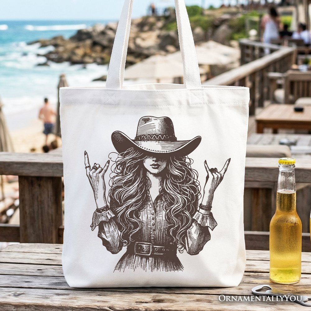 Western Cowgirl Rocker Tote Bag, Country Rodeo Style Gift Shopper Tote Bag OrnamentallyYou White 