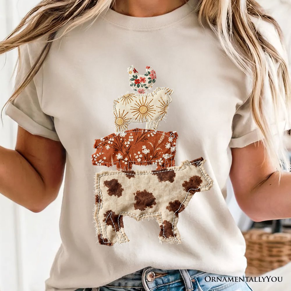 Western Farm Animals Printed Faux Patchwork T-Shirt, Country Cow Pig Sheep Hen Tee T-Shirts OrnamentallyYou 