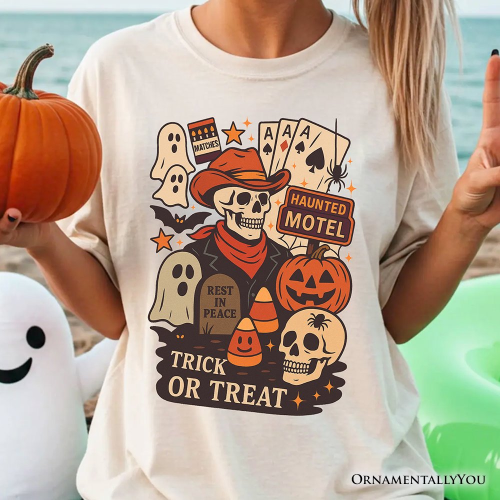 Western Halloween Skeleton T-Shirt, Haunted Motel Trick or Treat Tee T-Shirts OrnamentallyYou 