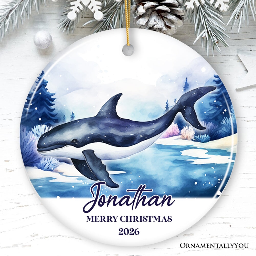 Whale Personalized Ornament, Festive Christmas Gift With Custom Name and Date Ceramic Ornament OrnamentallyYou Circle 