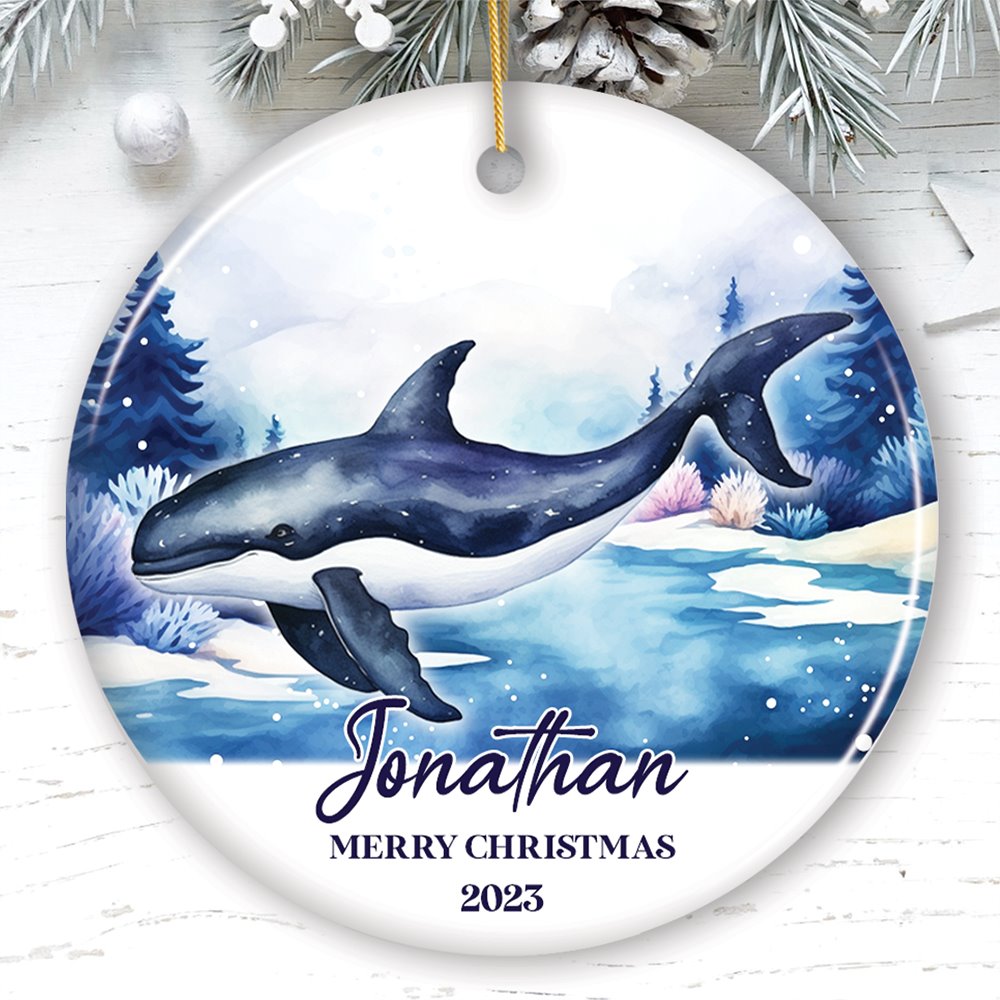 Whale Personalized Ornament, Festive Christmas Gift With Custom Name and Date Ceramic Ornament OrnamentallyYou Circle 