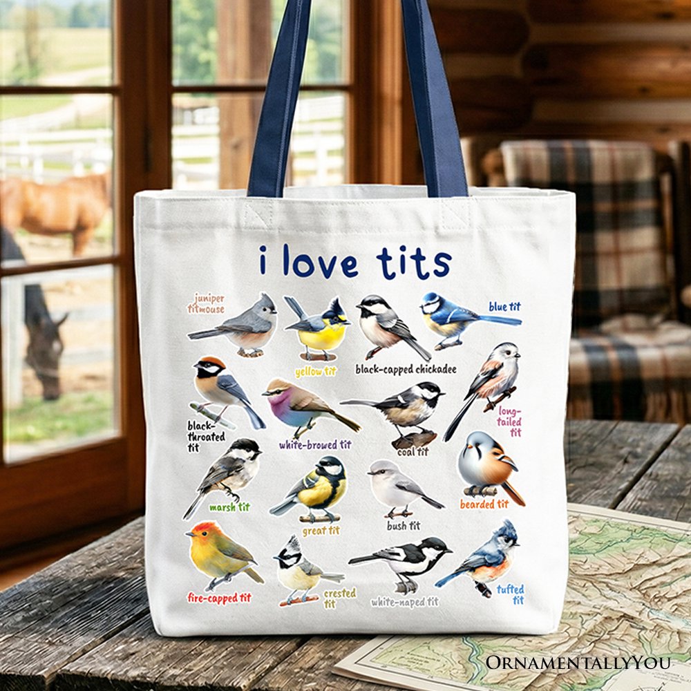 Whimsical Bird Tit Tote Bag, Funny Birdwatcher Gift Shopper Gift for Birder Tote Bag OrnamentallyYou Navy Handle 