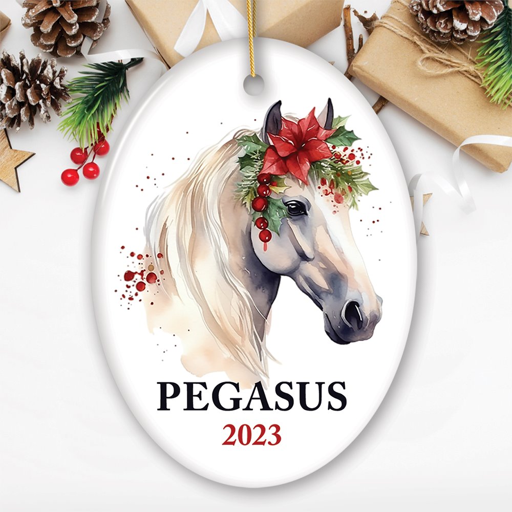 White Horse Personalized Ornament, Watercolor Artistic Christmas Gift With Custom Name and Date Ceramic Ornament OrnamentallyYou Oval 