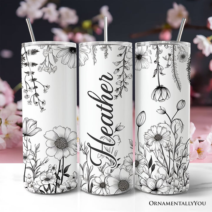 White and Black Wild Flowers Tumbler With Lid and Stainless Steel Straw, Beautiful Spring Travel Mug Gift Tumbler OrnamentallyYou Customized 