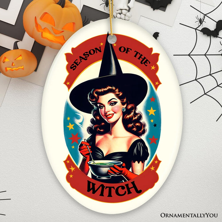 Wickedly Glamorous Season of the Witch Ornament, Retro Style Halloween Tree Decor and Keepsake Ceramic Ornament OrnamentallyYou Oval 