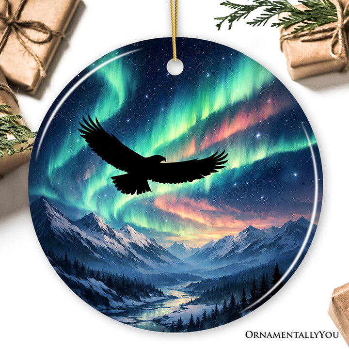 Wild Aurora Bald Eagle Ceramic Ornament, Northern Lights Bird of Prey Gift and Tree Decor