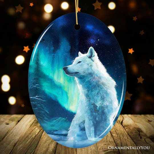 Wild Aurora White Wolf Ceramic Ornament, Northern Lights Arctic Wolf Gift and Tree Decor Ceramic Ornament OrnamentallyYou Version 1 