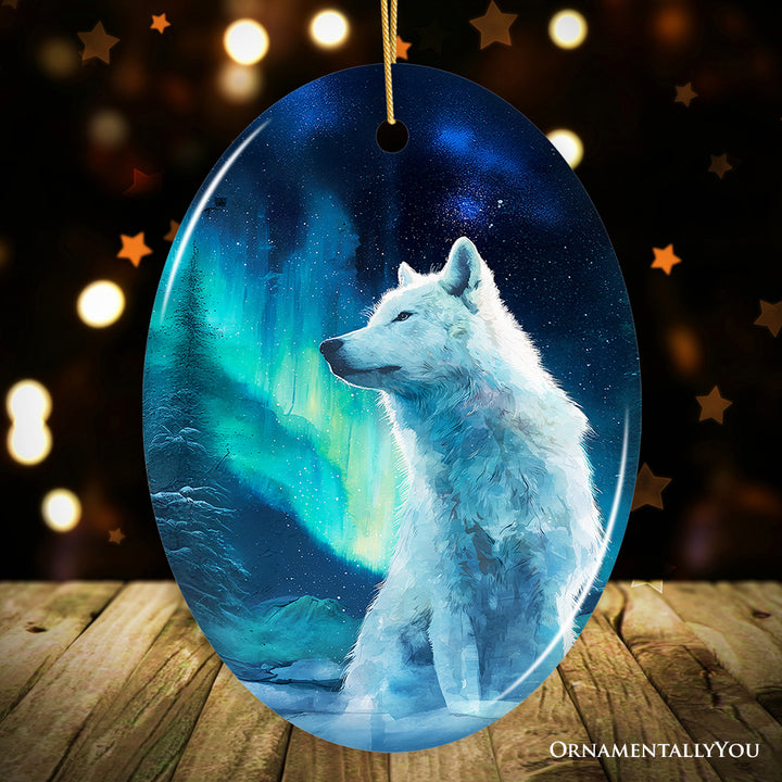 Wild Aurora White Wolf Ceramic Ornament, Northern Lights Arctic Wolf Gift and Tree Decor