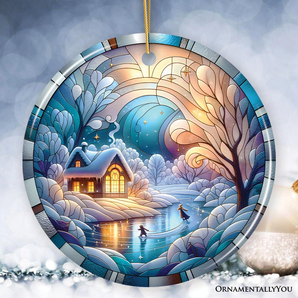 Magical Winter Lake Cabin Ceramic Christmas Ornament, Stained Glass Theme Tree Decor Ceramic Ornament OrnamentallyYou Circle 