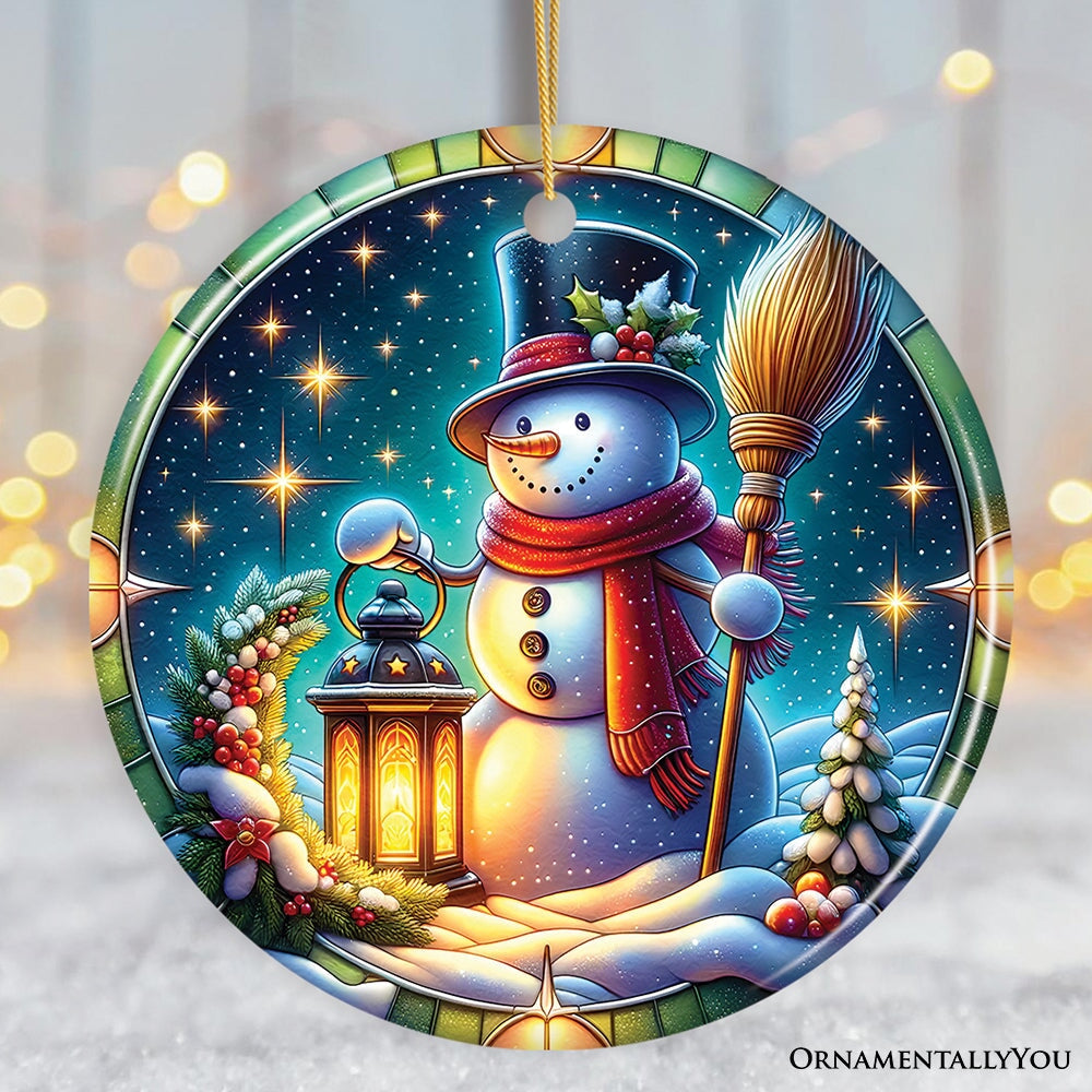 Winter Wanderer Snowman Ornament, Holiday Gift and Christmas Decor Ceramic Ornament OrnamentallyYou Circle 