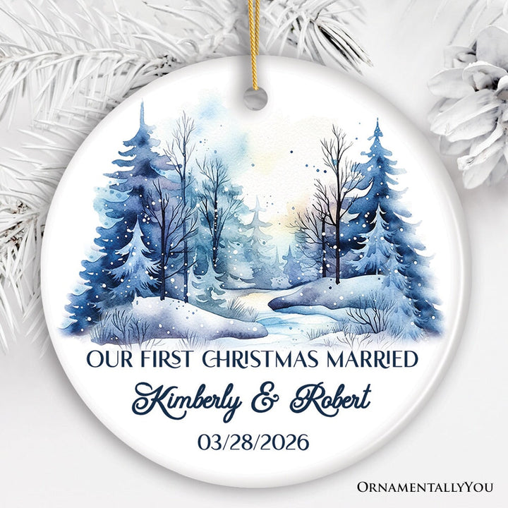 Winter Wonderland Forest Personalize Ornament, First Christmas Married Couple Gift Ceramic Ornament OrnamentallyYou Circle 