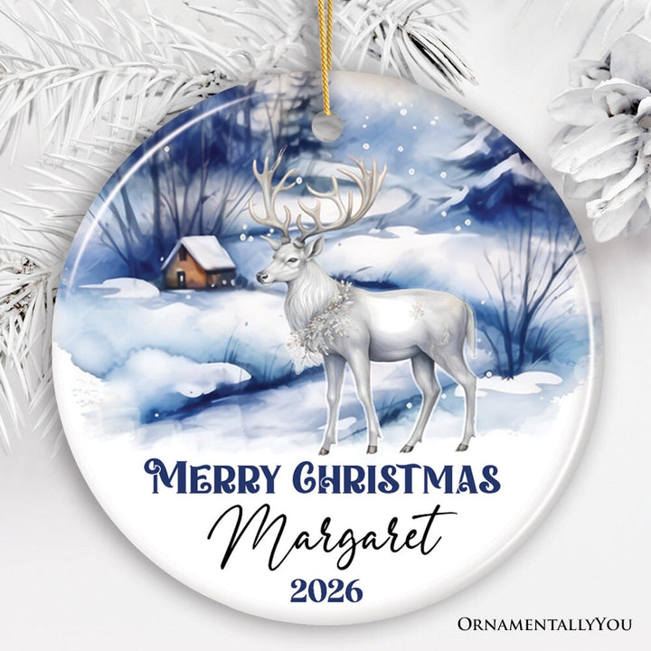 Winter Wonderland White Deer Personalized Ornament, Majestic Christmas Gift Ceramic Ornament OrnamentallyYou Circle 