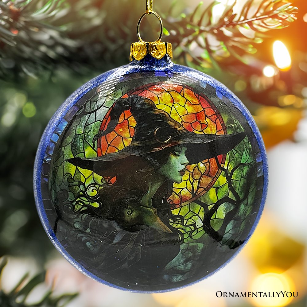 (Pre-Order) Witch and Black Cat Stained Glass Handblown Ornament, Spooky Halloween and Christmas Tree Decor Glass Ornament OrnamentallyYou 