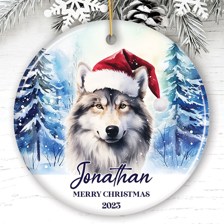 Wolf with Santa Hat Personalized Ornament, Winter Forest Christmas Gift With Custom Name and Date Ceramic Ornament OrnamentallyYou Circle 