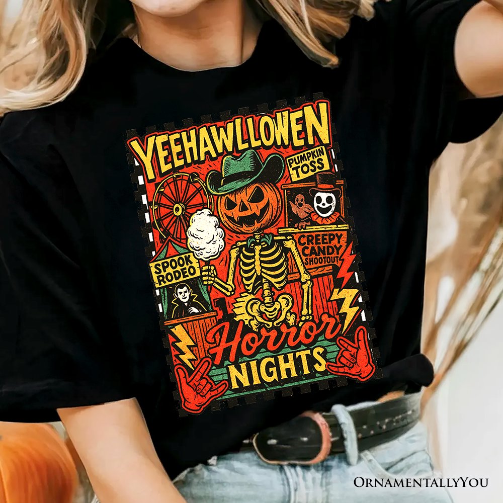 Yee Haw Halloween Retro Pumpkin Skeleton T-Shirt, Spooky Country Western Tee for Fall T-Shirts OrnamentallyYou 