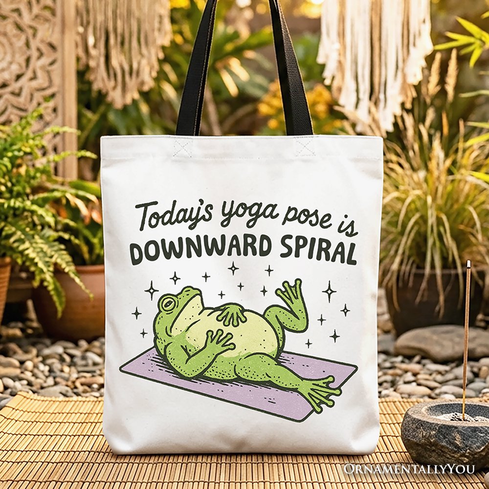 Yoga Frog Downward Spiral Tote Bag, Funny Mental Health Humor Gift Shopper Tote Bag OrnamentallyYou Black Handle 