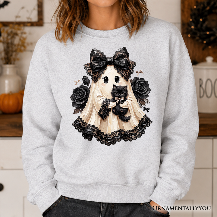 Gothic Ghost with Black Cat Sweatshirt, Black Rose Coquette Halloween Sweater