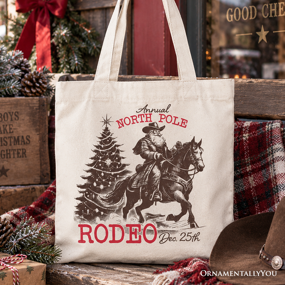 Annual North Pole Rodeo Tote Bag, Funny Cowboy Santa Christmas Gift Shopper for Country Lovers