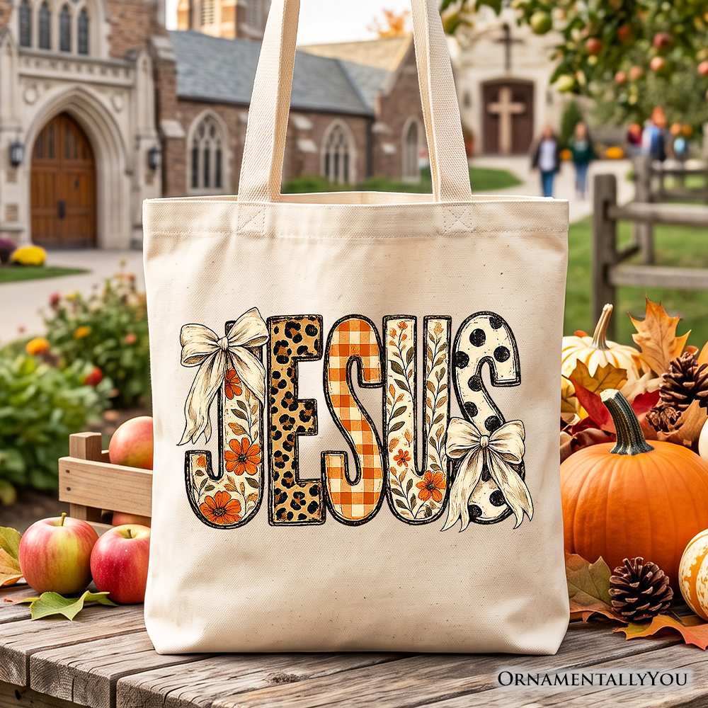 Jesus Coquette Fall Tote Bag, Leopard Plaid Floral Christian Faith Gift Shopper