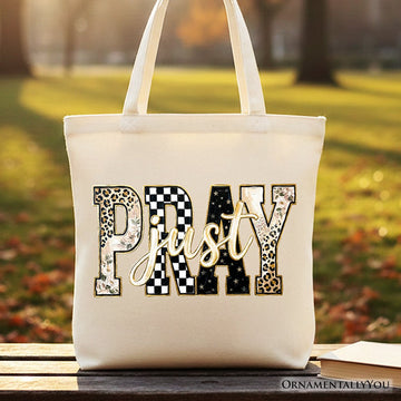 Just Pray Christian Varsity Tote Bag, Retro Leopard Checkered Faith Gift Shopper Tote Bag OrnamentallyYou Beige 