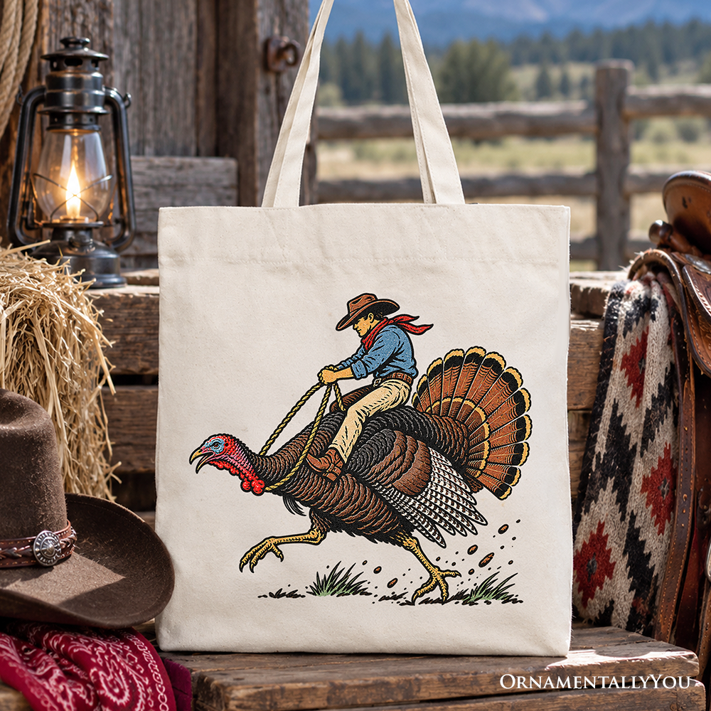 Turkey Rodeo Cowboy Thanksgiving Tote Bag, Funny Western Fall Gift Shopper