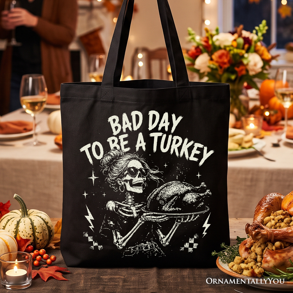 Bad Day to Be a Turkey Tote Bag, Funny Vintage Thanksgiving Skeleton Gift Shopper