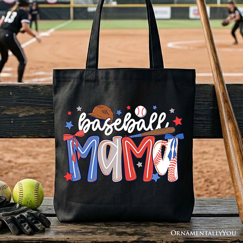 Baseball Mama Preppy Bow Tote Bag, Girly Sports Mom Gift Shopper Tote Bag OrnamentallyYou Black 