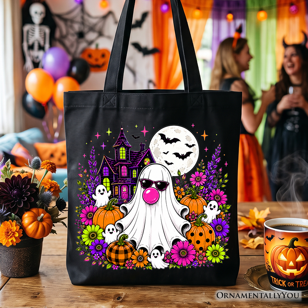 Bubblegum Ghost Haunted House Tote Bag, Colorful Floral Halloween Pumpkin Gift Shopper