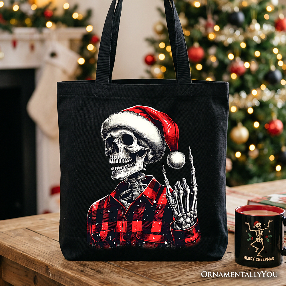 Buffalo Plaid Christmas Skeleton Tote Bag, Brutal Guys Gift Shopper