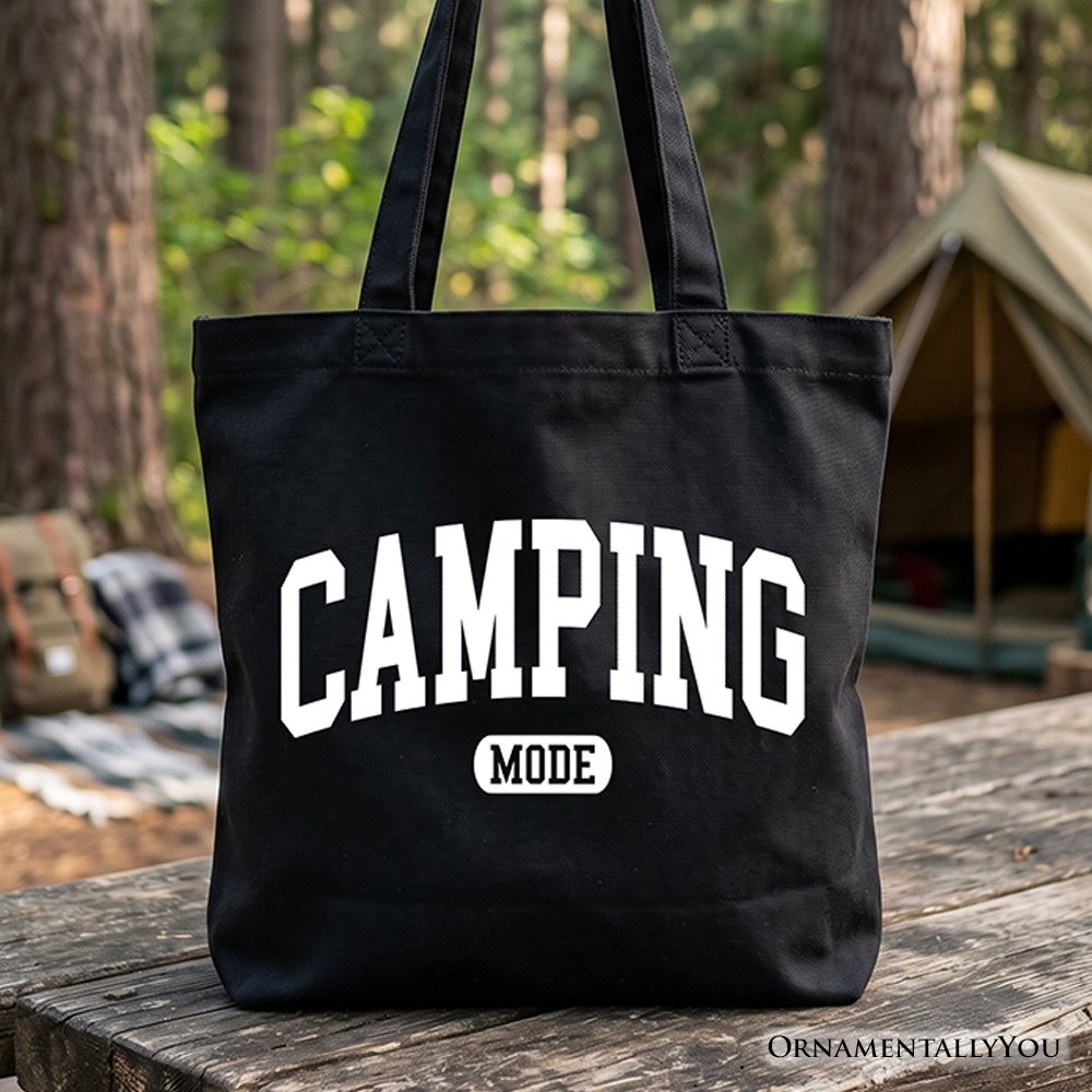 Camping Mode Varsity Tote Bag, Minimalist Outdoors Gift Shopper Tote Bag OrnamentallyYou Black 