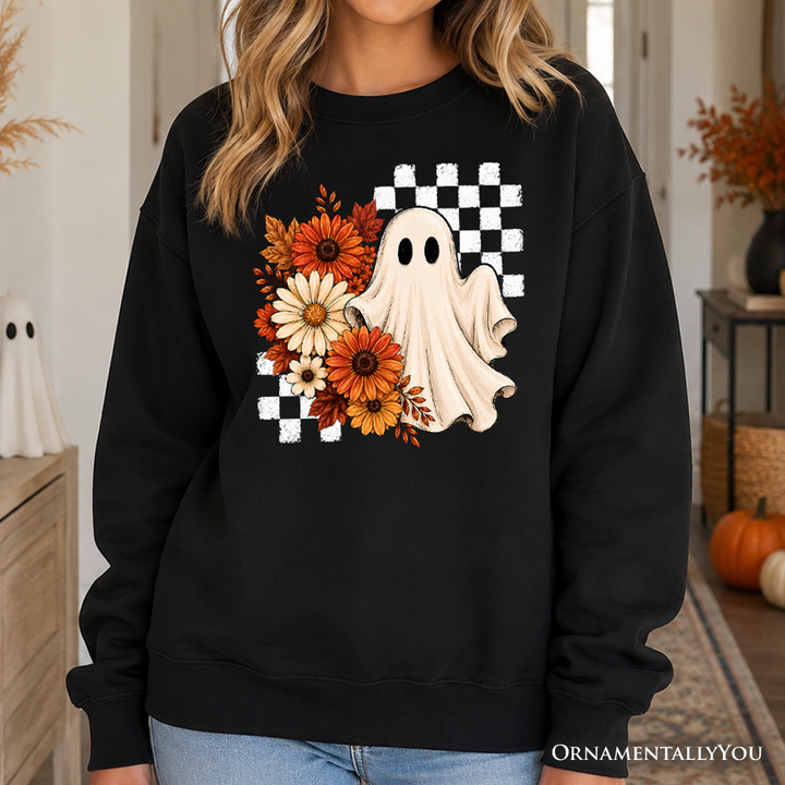 Checkered Floral Ghost Sweatshirt, Vintage Fall Halloween Daisy Sweater