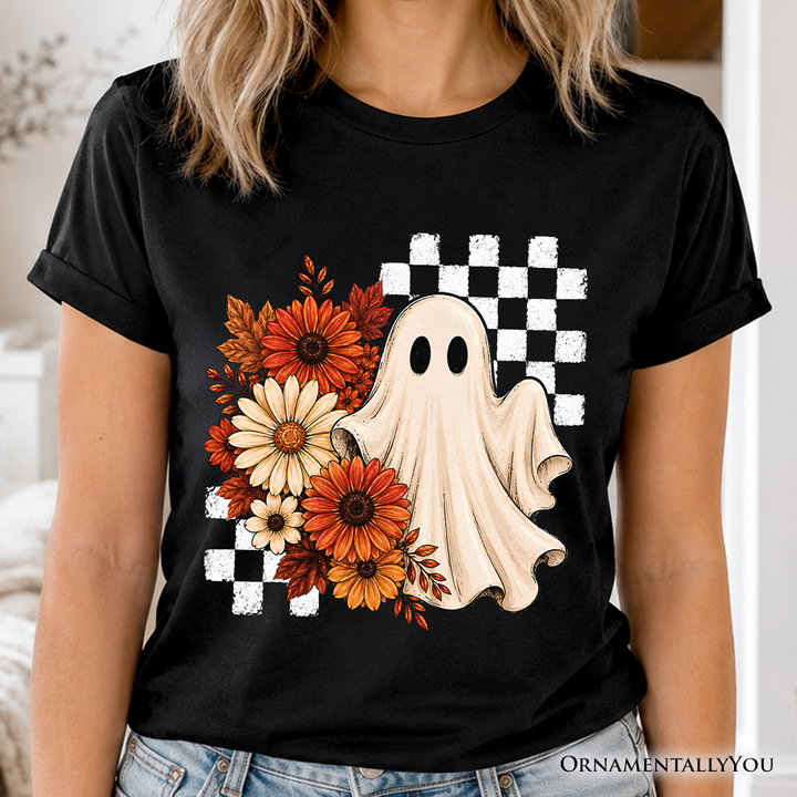 Checkered Floral Ghost T-Shirt, Vintage Fall Halloween Daisy Tee