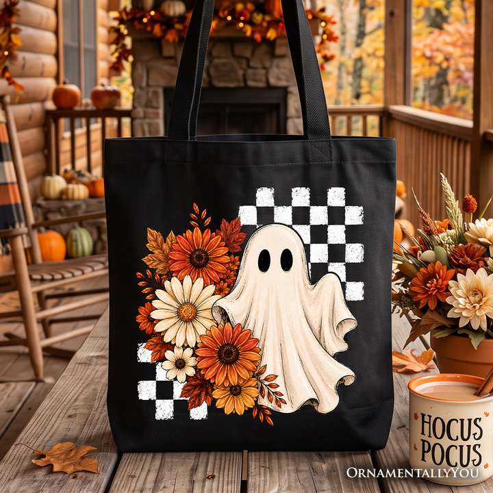 Checkered Floral Ghost Tote Bag, Vintage Fall Halloween Daisy Gift Shopper