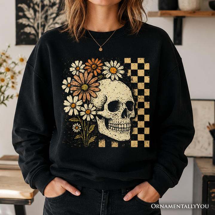Checkered Floral Skeleton Sweatshirt, Vintage Skull Daisy Halloween Sweater