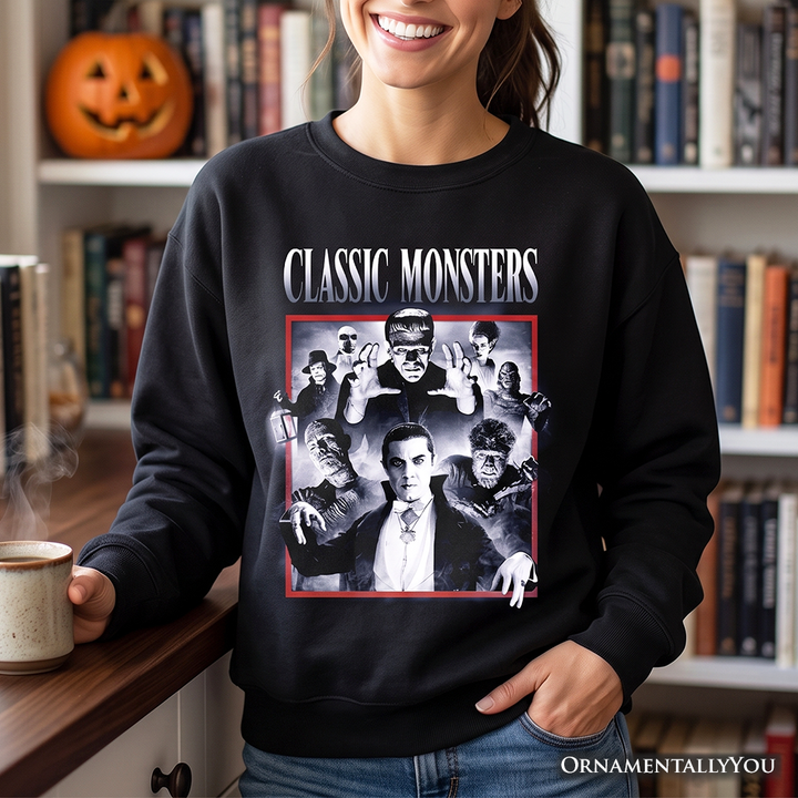 Classic Monsters Black and White Sweatshirt, Retro Vintage Horror Sweater