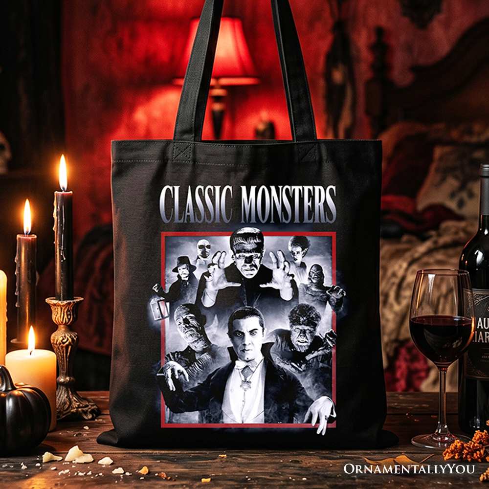 Classic Monsters Black and White Tote Bag, Retro Vintage Horror Gift Shopper