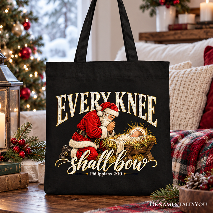 Every Knee Shall Bow Christmas Christian Tote Bag, Santa Nativity Faith Gift Shopper