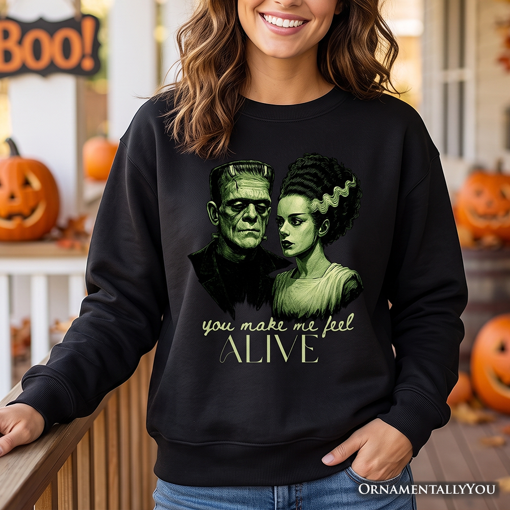 Frankenstein And Bride You Make Me Feel Alive Sweatshirt, Valentine Retro Horror Couples Love Sweater