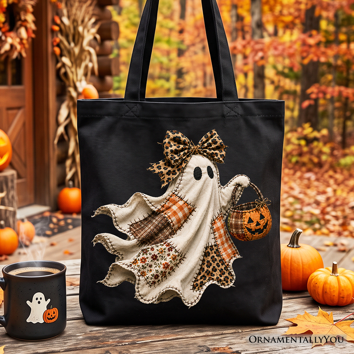 Ghost with Leopard Bow Imitation Patchwork Tote Bag, Rustic Halloween Pumpkin Trick or Treat Gift Shopper
