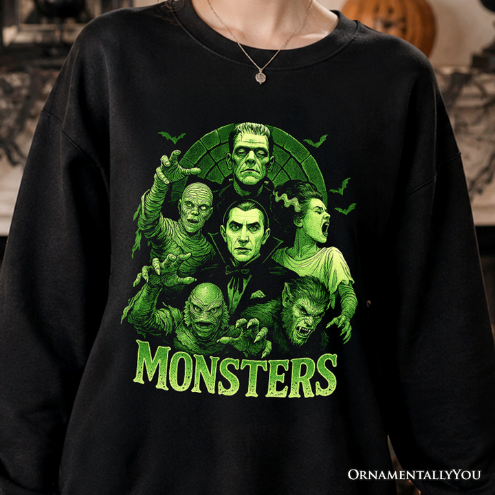 Green Retro Monsters Sweatshirt, Vintage Classic Horror Halloween Sweater