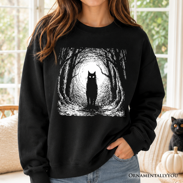 Haunted Forest Black Cat Sweatshirt, Spooky Halloween Night Sweater