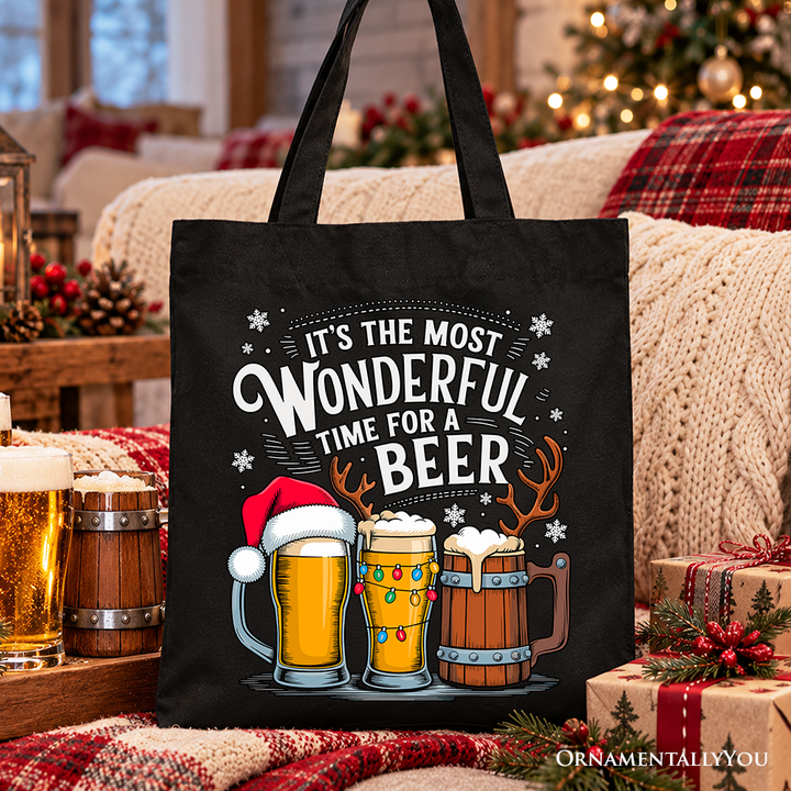 It's The Most Wonderful Time For a Beer Tote Bag, Funny Holiday Beer Christmas Gift Shopper for Festive Drinkers