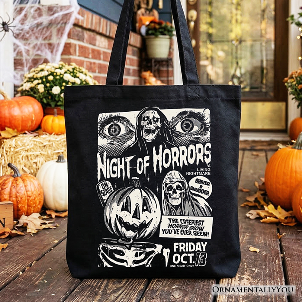 Night of Horrors Retro Halloween Tote Bag, Vintage Poster Gift Shopper for Spooky Season Fans