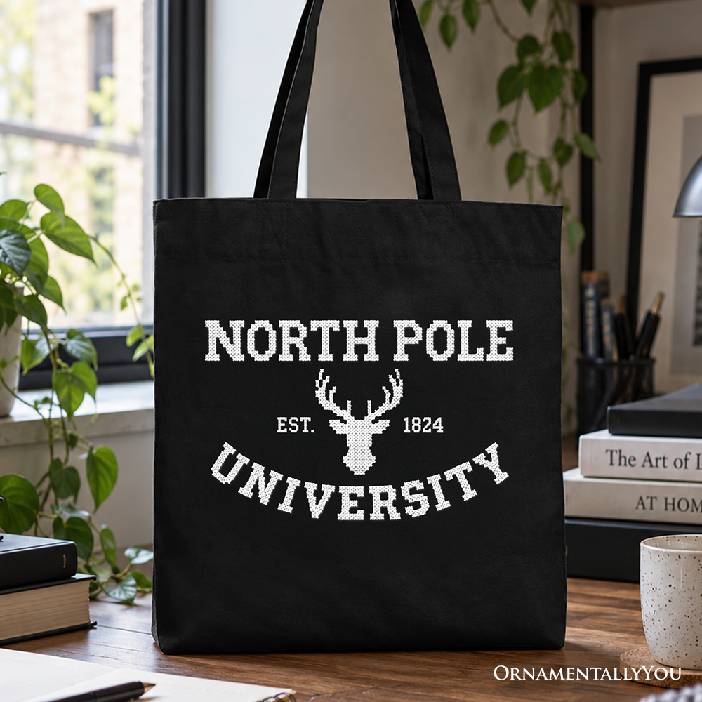 North Pole University Faux Cross Stitch Christmas Tote Bag, Winter Holiday Gift Shopper